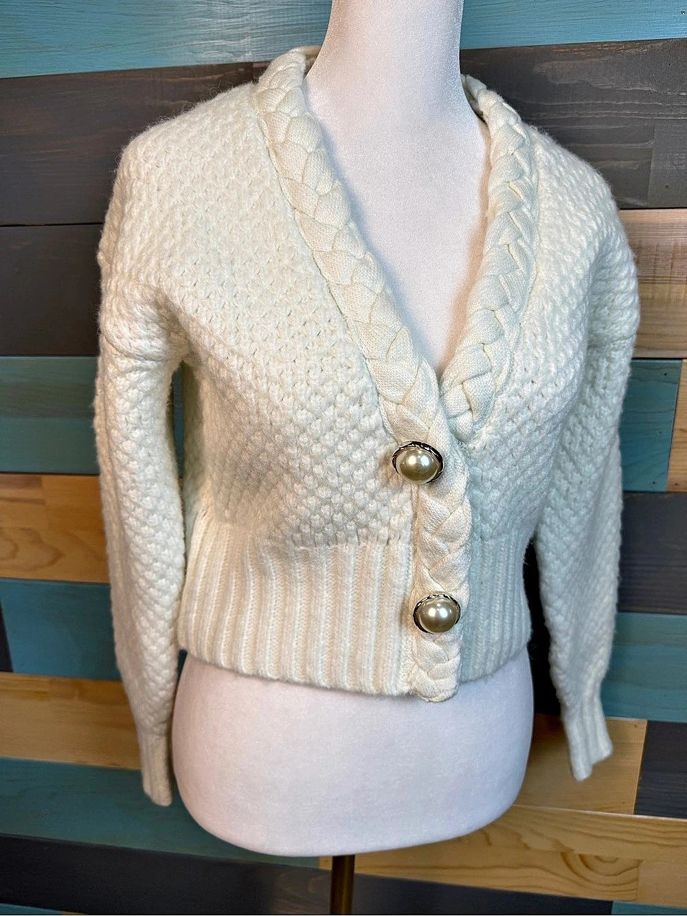 Boston Proper Textured Braid Detail Cropped Cardigan Pearl Buttons Off White XX
